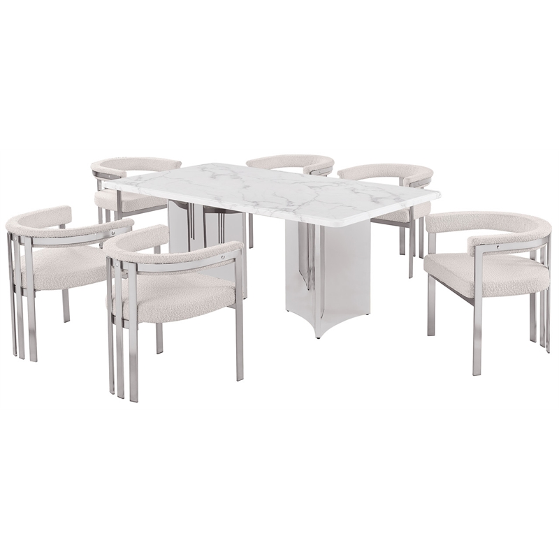 Best Quality Furniture 7 Piece White Marble Dining Set with Stainless Steel Base