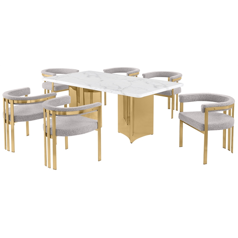 Best Quality Furniture 7 Piece White Marble Dining Set with Stainless Steel Base