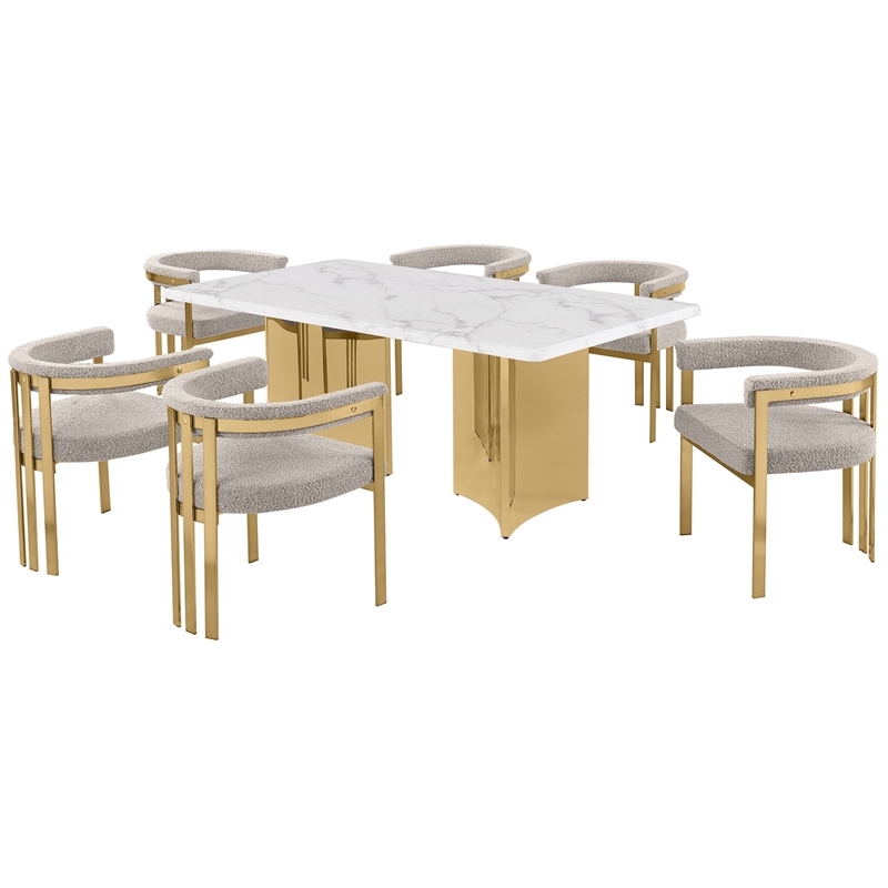Best Quality Furniture 7 Piece White Marble Dining Set with Stainless Steel Base