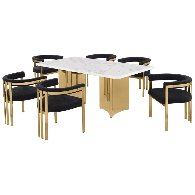 Best Quality Furniture 7 Piece White Marble Dining Set with Stainless Steel Base