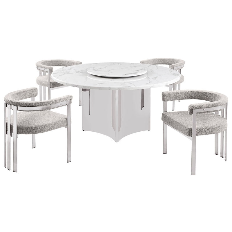 Best Quality Furniture 5 Piece White Marble Dining Set with Stainless Steel Base