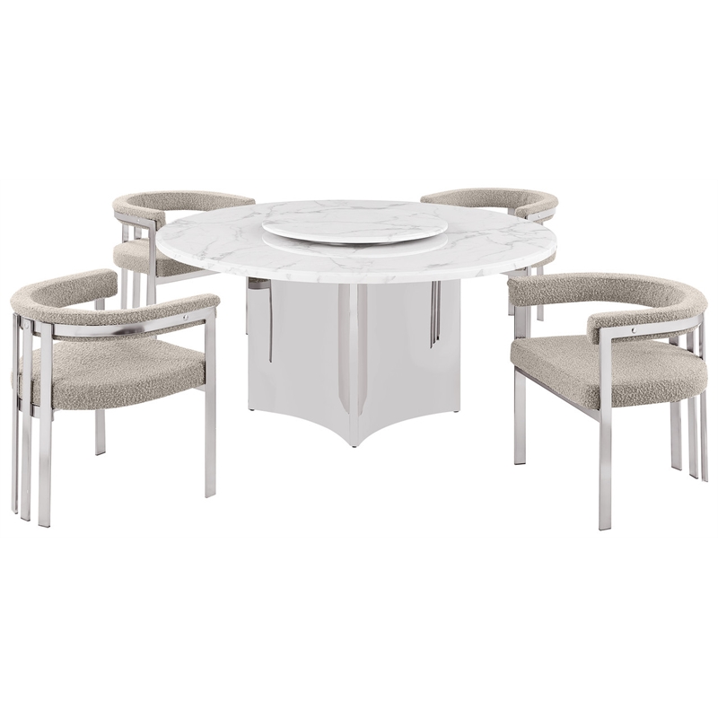 Best Quality Furniture 5 Piece White Marble Dining Set with Stainless Steel Base