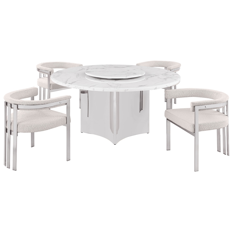 Best Quality Furniture 5 Piece White Marble Dining Set with Stainless Steel Base
