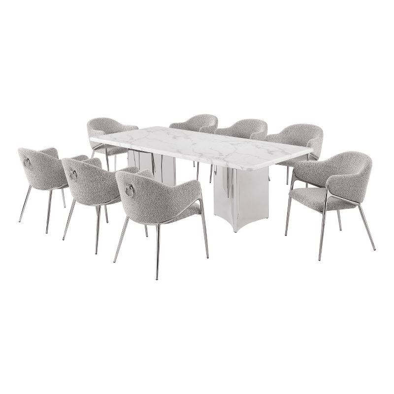 Best Quality Furniture 9 Piece White Marble Dining Set with Stainless Steel Base