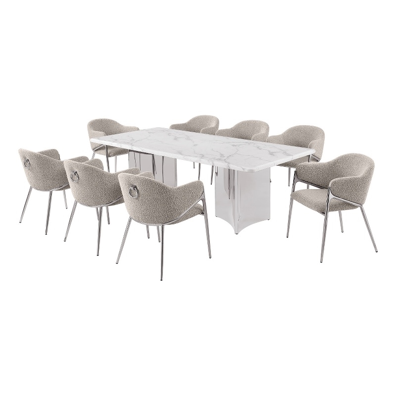 Best Quality Furniture 9 Piece White Marble Dining Set with Stainless Steel Base