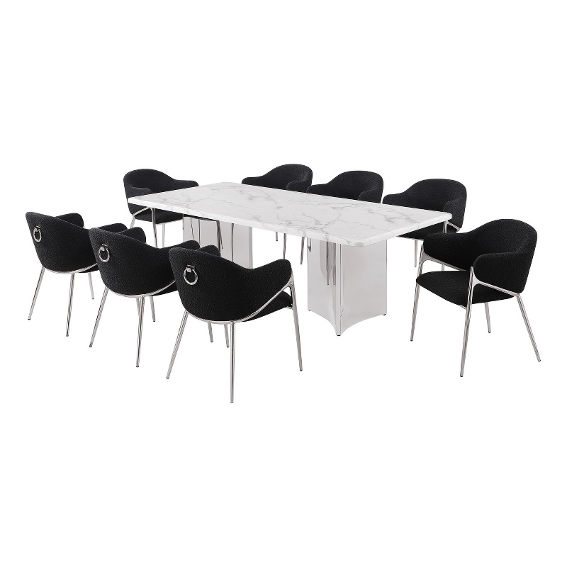 Best Quality Furniture 9 Piece White Marble Dining Set with Stainless Steel Base