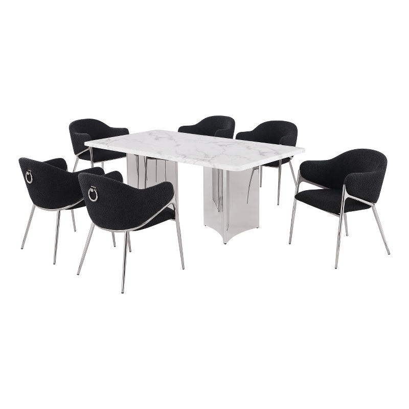 Best Quality Furniture 7 Piece White Marble Dining Set with Stainless Steel Base