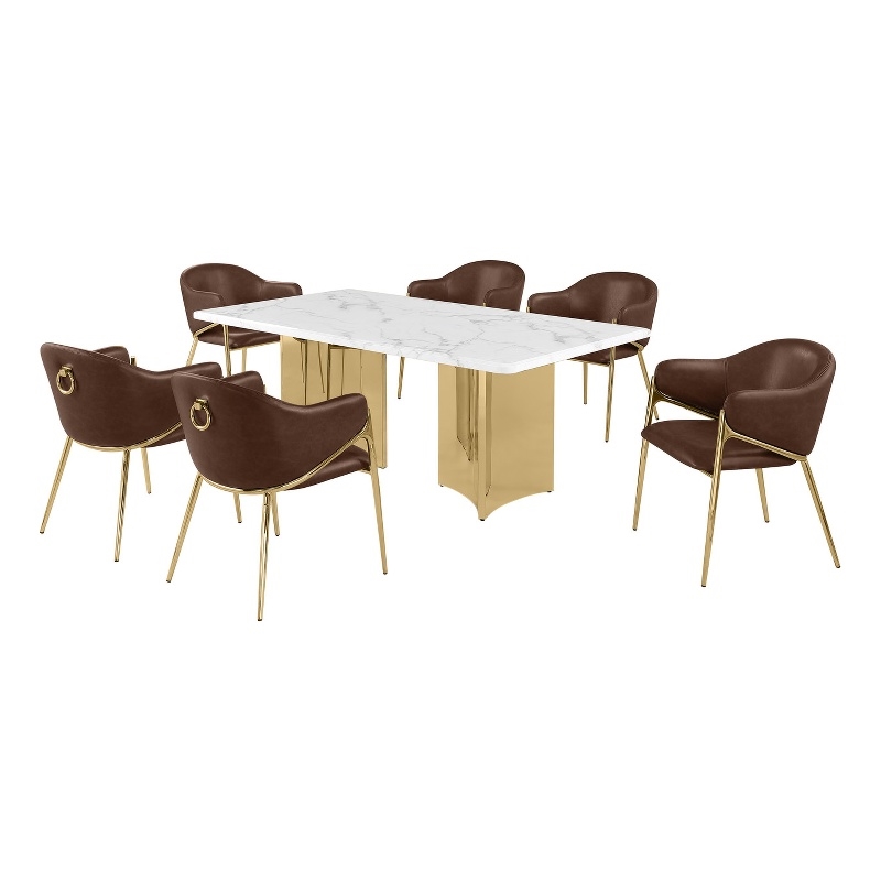 Best Quality Furniture 7 Piece White Marble Dining Set with Stainless Steel Base