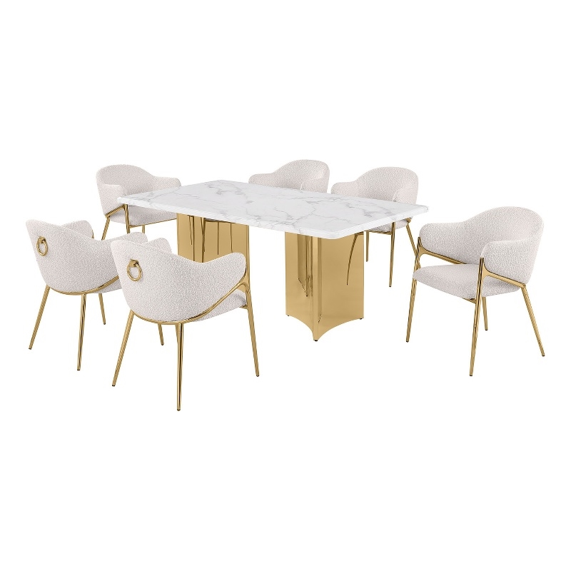 Best Quality Furniture 7 Piece White Marble Dining Set with Stainless Steel Base