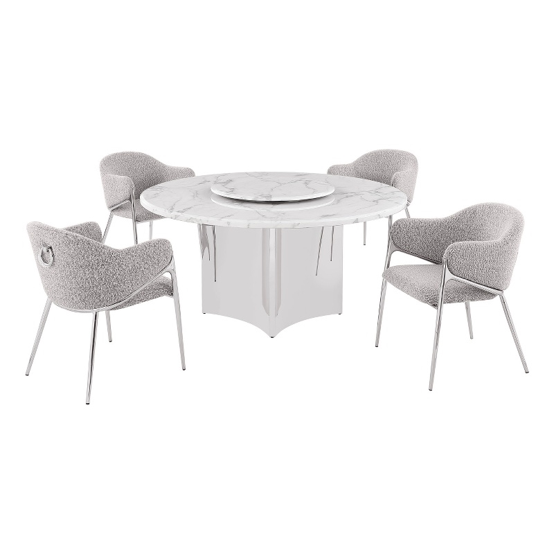 Best Quality Furniture 5 Piece White Marble Dining Set with Stainless Steel Base