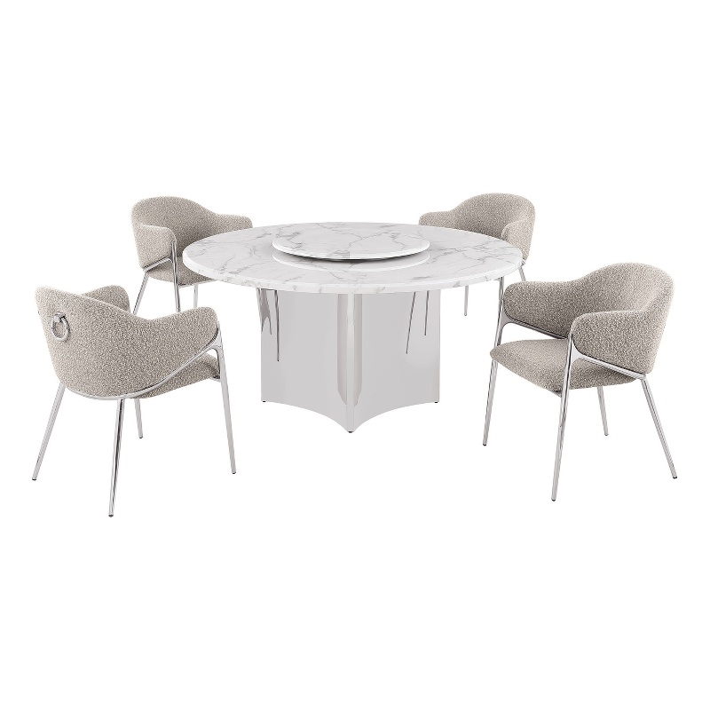 Best Quality Furniture 5 Piece White Marble Dining Set with Stainless Steel Base