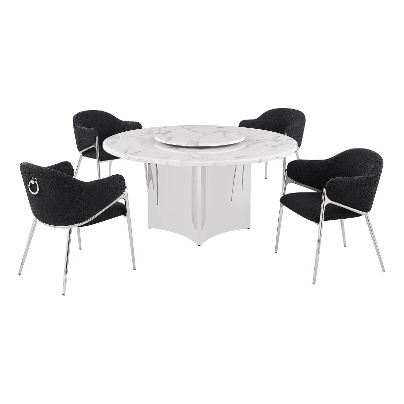 Best Quality Furniture 5 Piece White Marble Dining Set with Stainless Steel Base