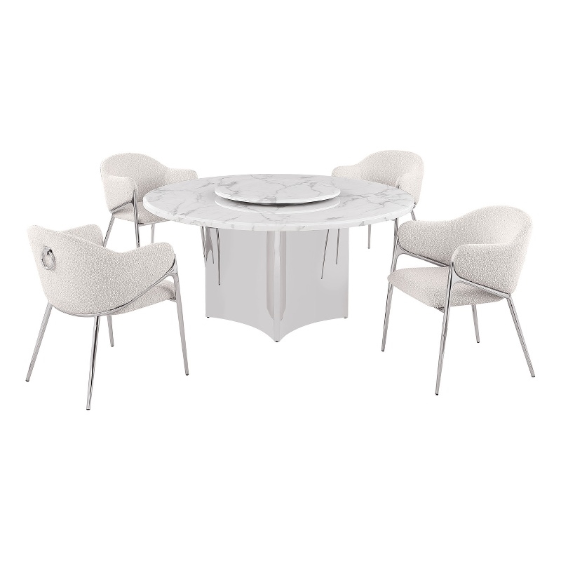 Best Quality Furniture 5 Piece White Marble Dining Set with Stainless Steel Base