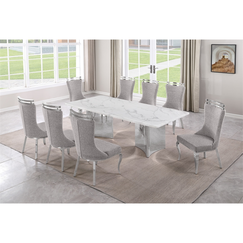 Best Quality Furniture 9 Piece White Marble Dining Set with Stainless Steel Base
