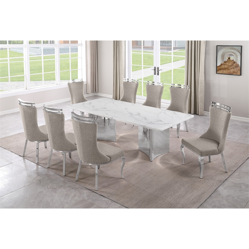 Best Quality Furniture 9 Piece White Marble Dining Set with Stainless Steel Base