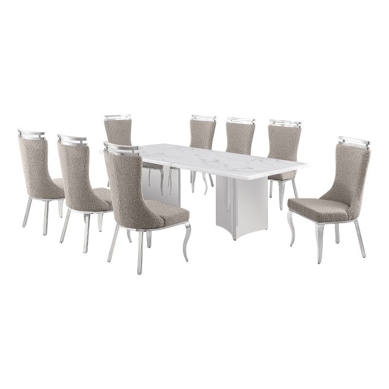 Best Quality Furniture 9 Piece White Marble Dining Set with Stainless Steel Base