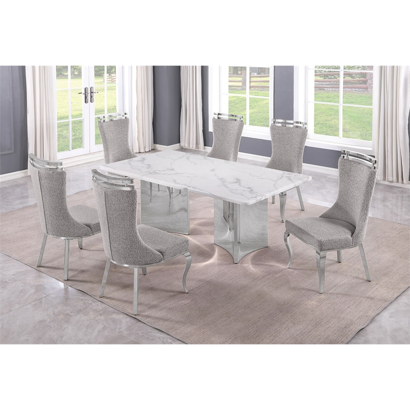 Best Quality Furniture 7 Piece White Marble Dining Set with Stainless Steel Base
