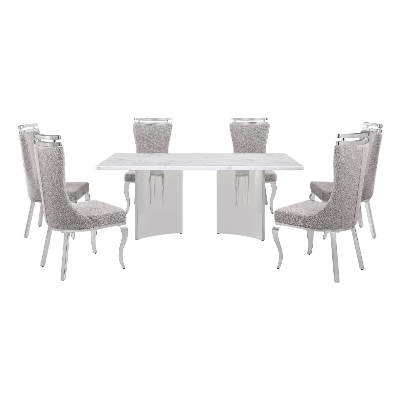 Best Quality Furniture 7 Piece White Marble Dining Set with Stainless Steel Base