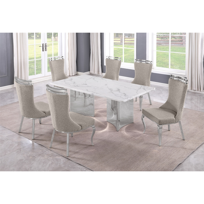 Best Quality Furniture 7 Piece White Marble Dining Set with Stainless Steel Base