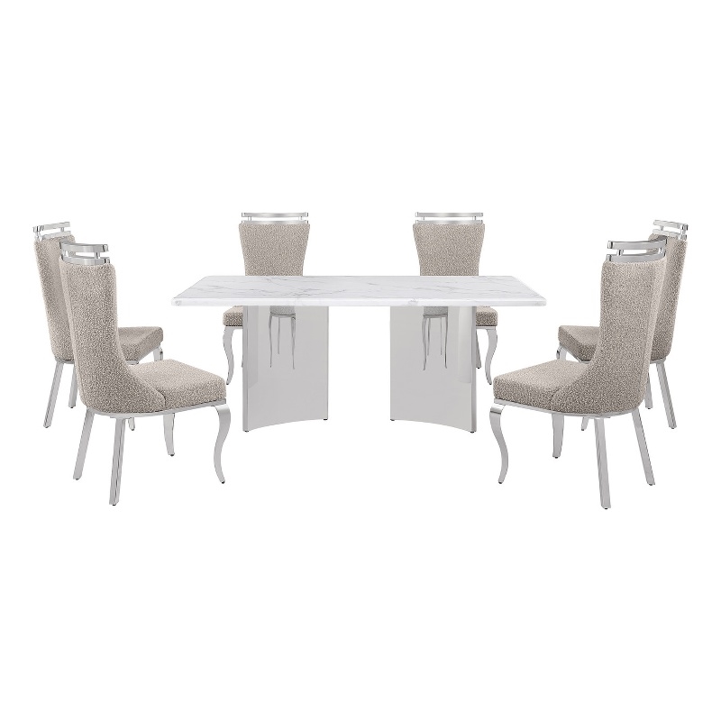 Best Quality Furniture 7 Piece White Marble Dining Set with Stainless Steel Base