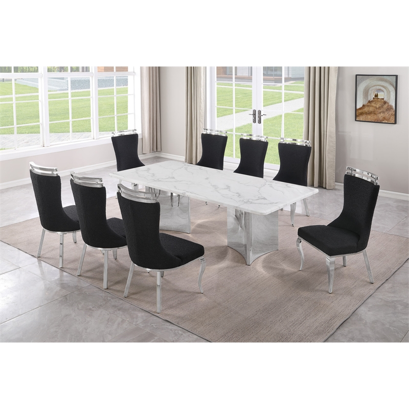 Best Quality Furniture 9 Piece White Marble Dining Set with Stainless Steel Base