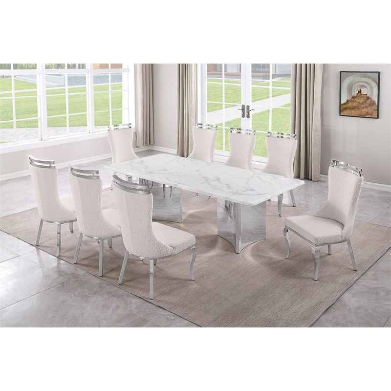 Best Quality Furniture 9 Piece White Marble Dining Set with Stainless Steel Base