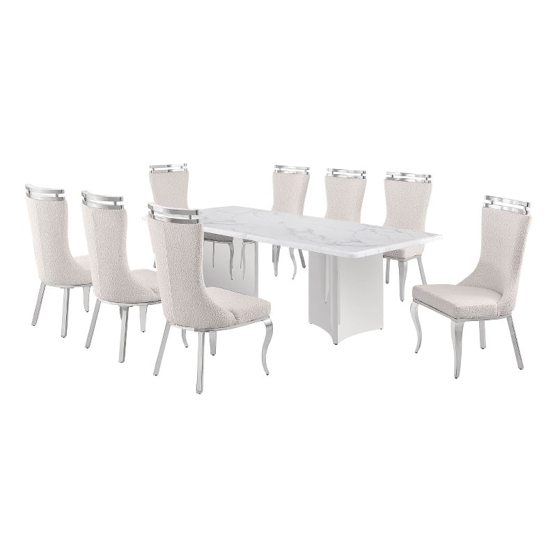 Best Quality Furniture 9 Piece White Marble Dining Set with Stainless Steel Base
