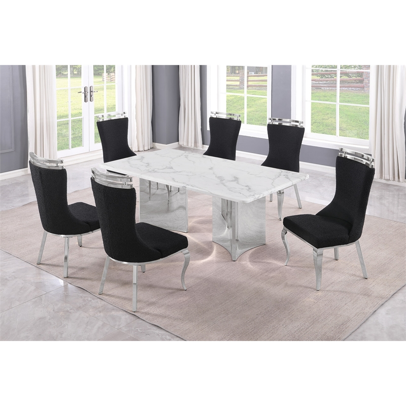 Best Quality Furniture 7 Piece White Marble Dining Set with Stainless Steel Base