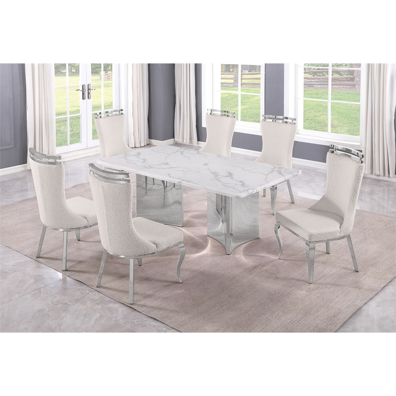 Best Quality Furniture 7 Piece White Marble Dining Set with Stainless Steel Base