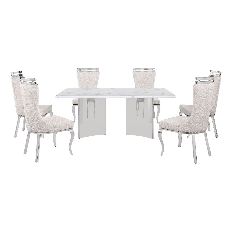 Best Quality Furniture 7 Piece White Marble Dining Set with Stainless Steel Base