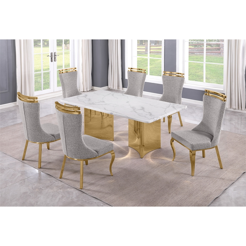 Best Quality Furniture 7 Piece White Marble Dining Set with Stainless Steel Base