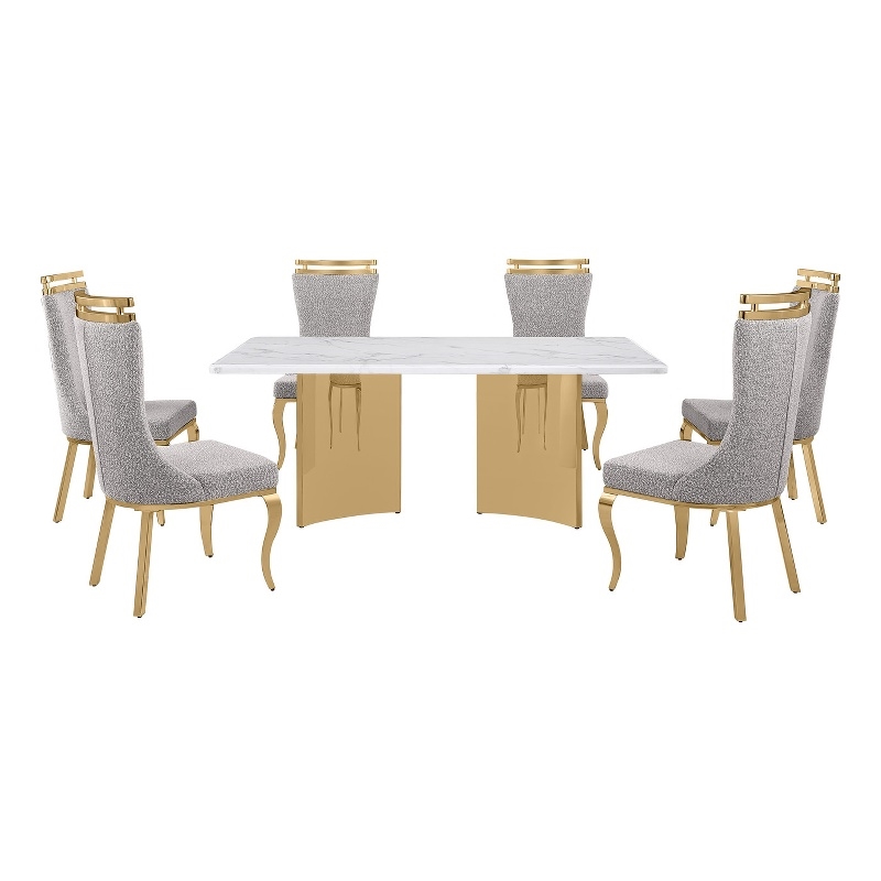 Best Quality Furniture 7 Piece White Marble Dining Set with Stainless Steel Base