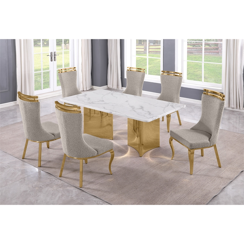Best Quality Furniture 7 Piece White Marble Dining Set with Stainless Steel Base