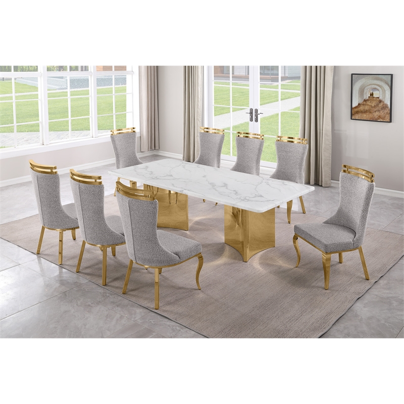 Best Quality Furniture 9 Piece White Marble Dining Set with Stainless Steel Base