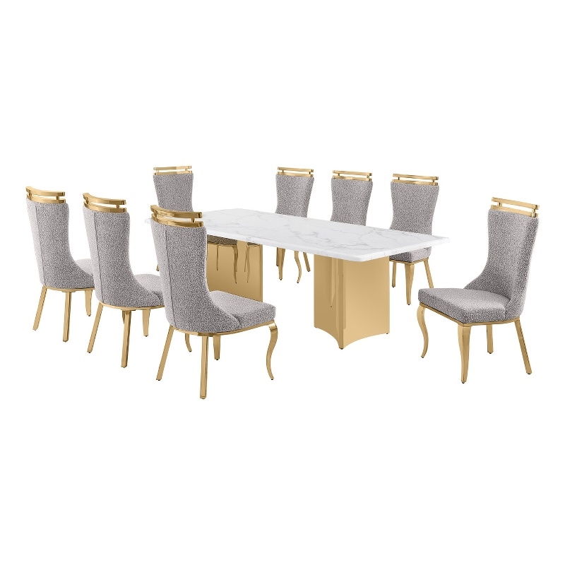 Best Quality Furniture 9 Piece White Marble Dining Set with Stainless Steel Base