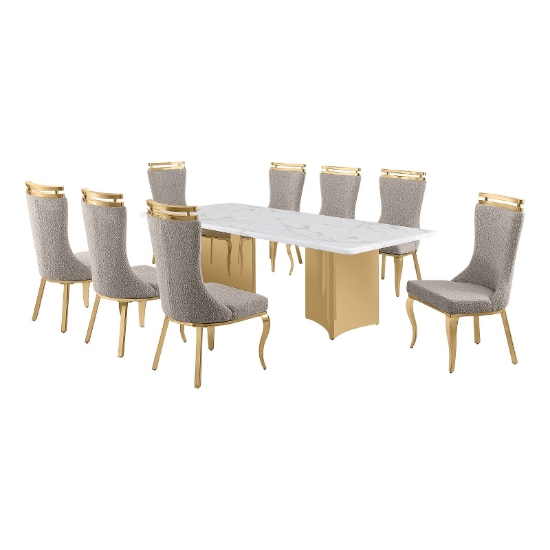 Best Quality Furniture 9 Piece White Marble Dining Set with Stainless Steel Base