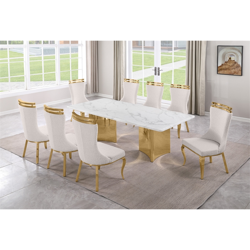 Best Quality Furniture 9 Piece White Marble Dining Set with Stainless Steel Base