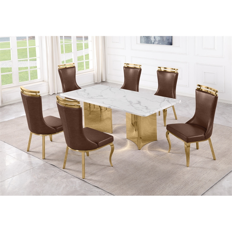 Best Quality Furniture 7 Piece White Marble Dining Set with Stainless Steel Base