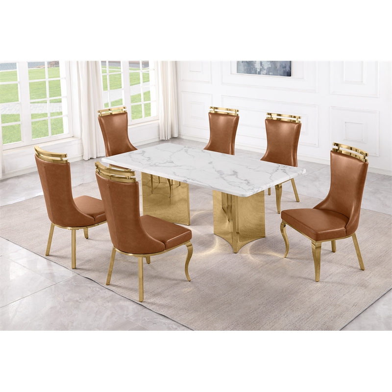 Best Quality Furniture 7 Piece White Marble Dining Set with Stainless Steel Base