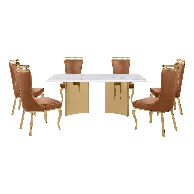 Best Quality Furniture 7 Piece White Marble Dining Set with Stainless Steel Base