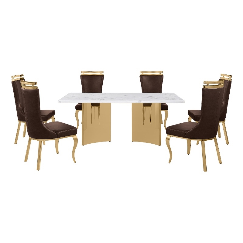 Best Quality Furniture 7 Piece White Marble Dining Set with Stainless Steel Base