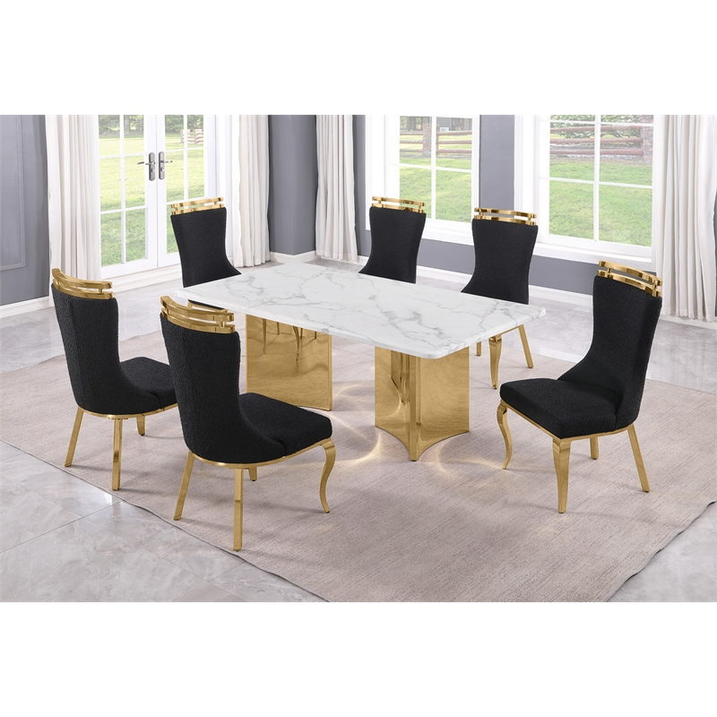 Best Quality Furniture 7 Piece White Marble Dining Set with Stainless Steel Base