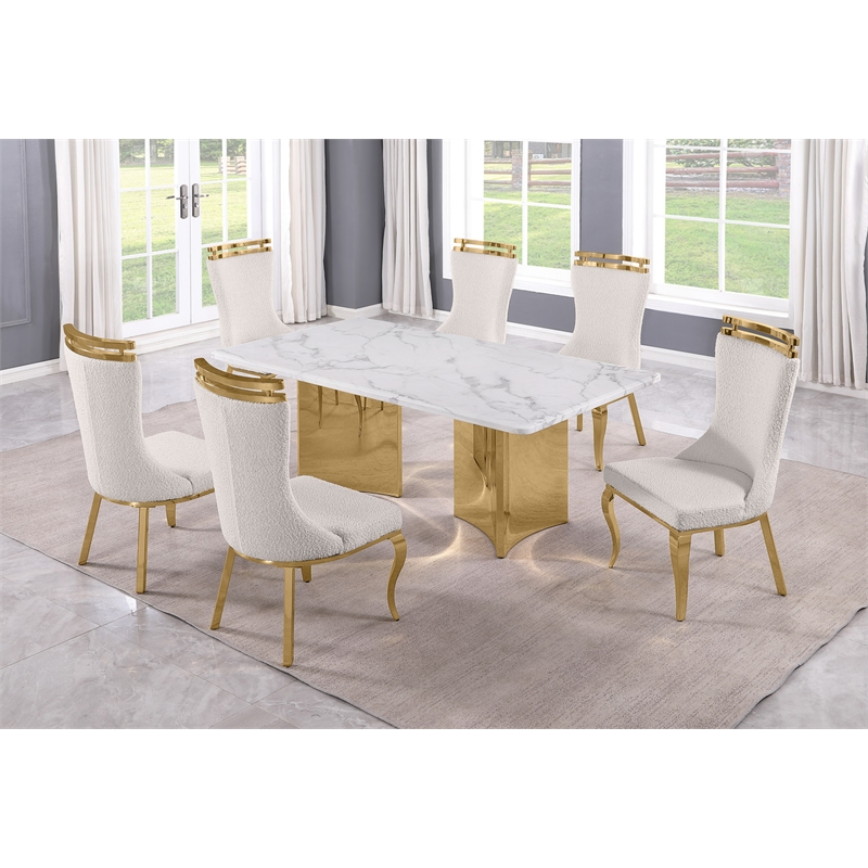 Best Quality Furniture 7 Piece White Marble Dining Set with Stainless Steel Base