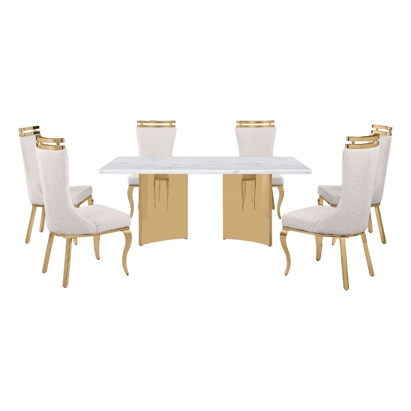 Best Quality Furniture 7 Piece White Marble Dining Set with Stainless Steel Base