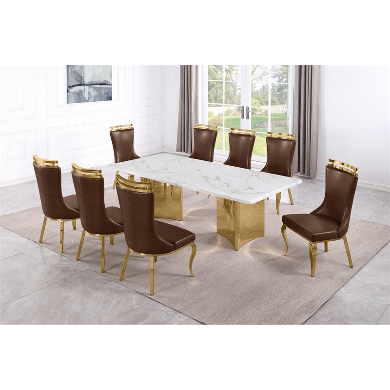 Best Quality Furniture 9 Piece White Marble Dining Set with Stainless Steel Base