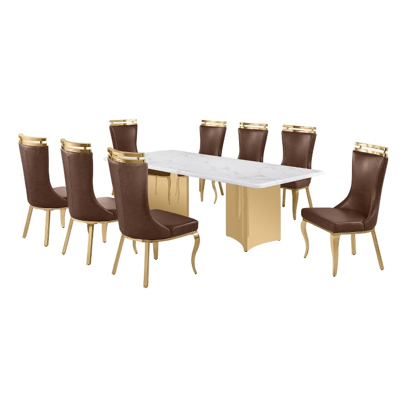 Best Quality Furniture 9 Piece White Marble Dining Set with Stainless Steel Base
