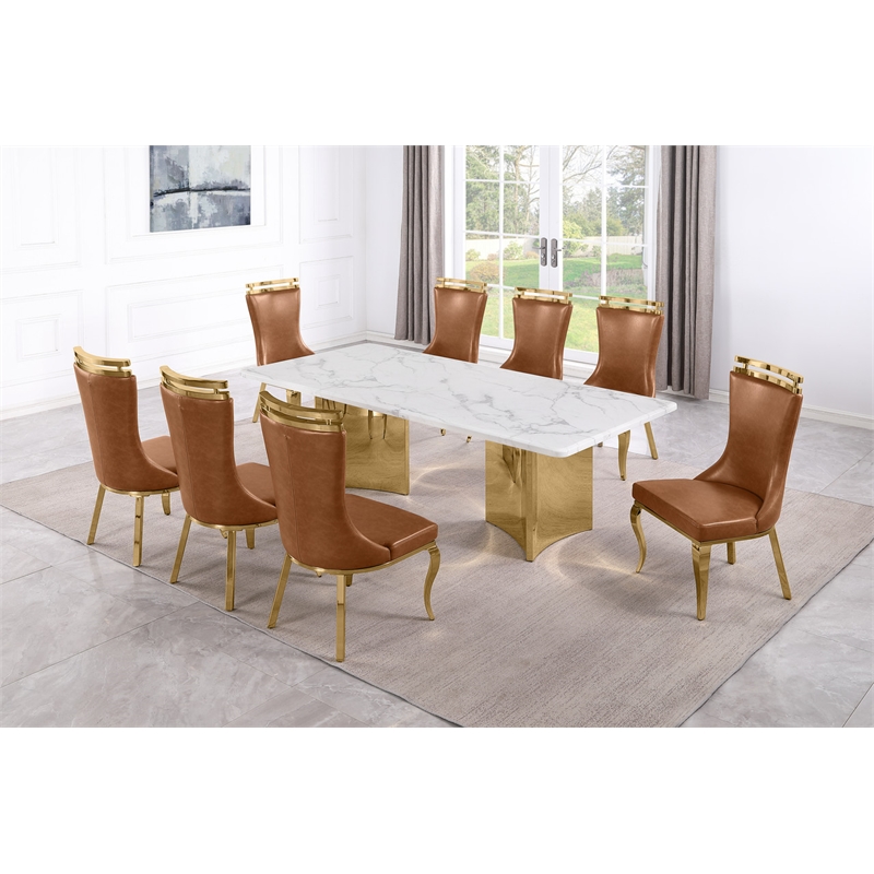 Best Quality Furniture 9 Piece White Marble Dining Set with Stainless Steel Base