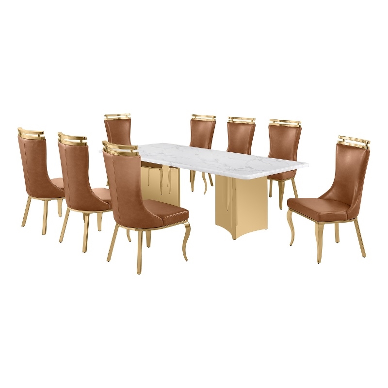 Best Quality Furniture 9 Piece White Marble Dining Set with Stainless Steel Base