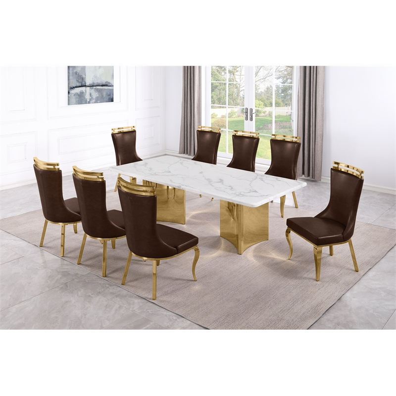 Best Quality Furniture 9 Piece White Marble Dining Set with Stainless Steel Base