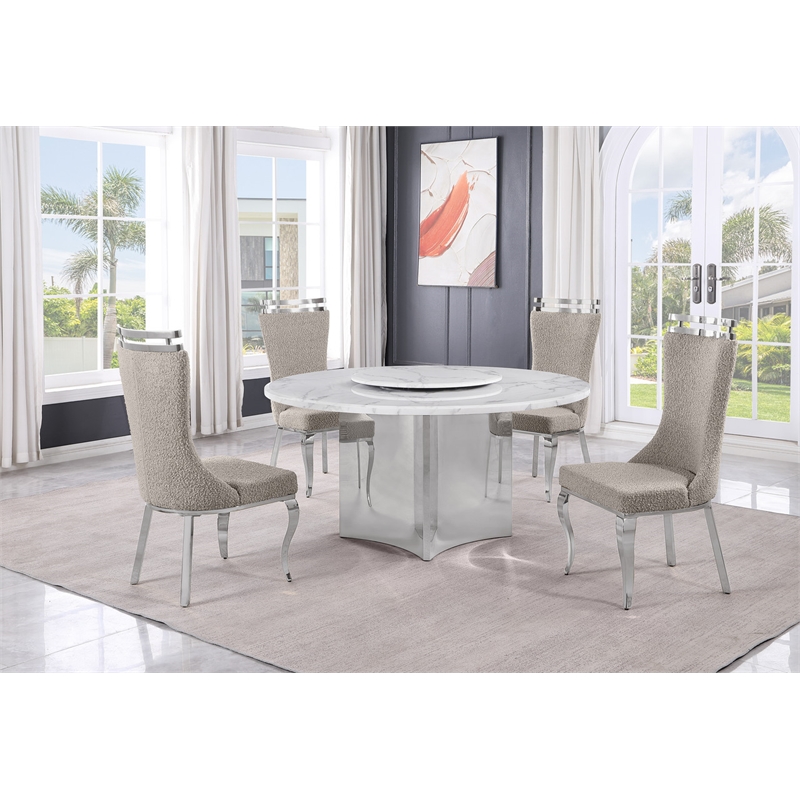 Best Quality Furniture 5 Piece White Marble Dining Set with Stainless Steel Base